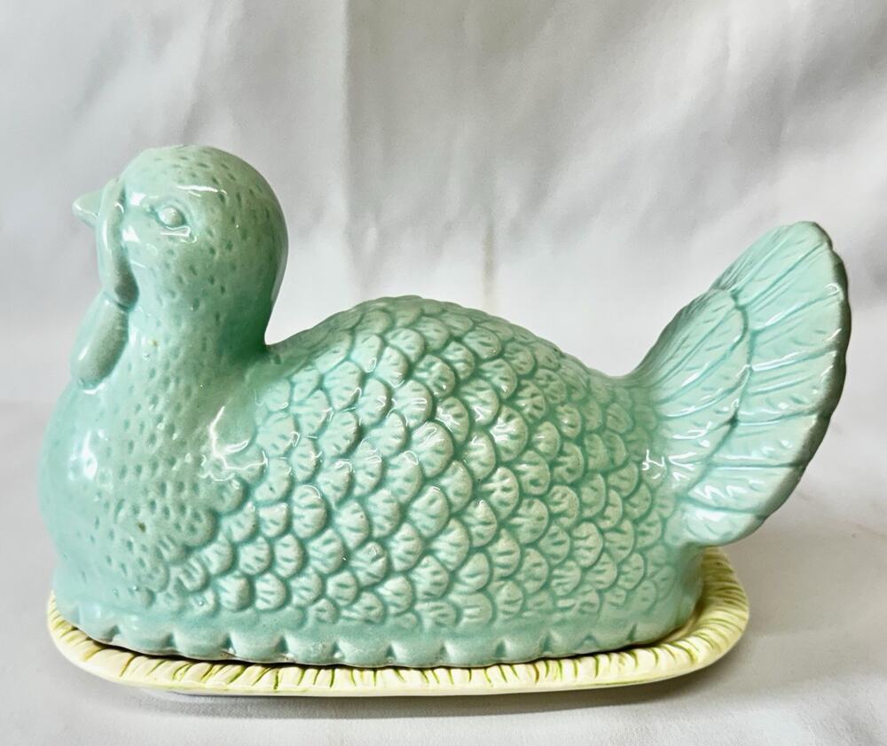 Unique Light Green & Cream Ceramic Turkey Covered Butter Dish Farmhouse 7x4x5"